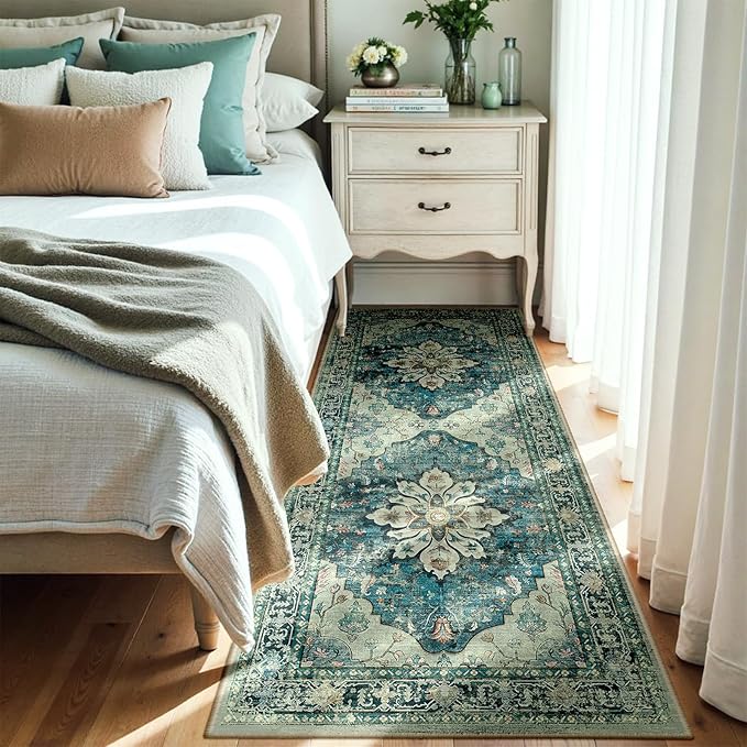 Area Rugs 3'x8' Washable Non-Slip, Floral Vintage Distress Print Pattern Medallion Carpet for Living Room Bedroom Dining Room, Dark Blue Vintage