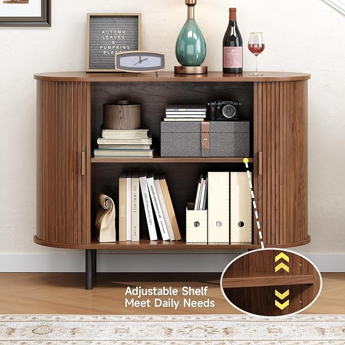 Buffet Cabinet with Storage, Fluted Sideboard Buffet with Sliding Door, Coffee Bar Cabinet with Adjustable Shelf, Console Table, Accent Table for Entryway, Kitchen (Walnut, 40 Inch)