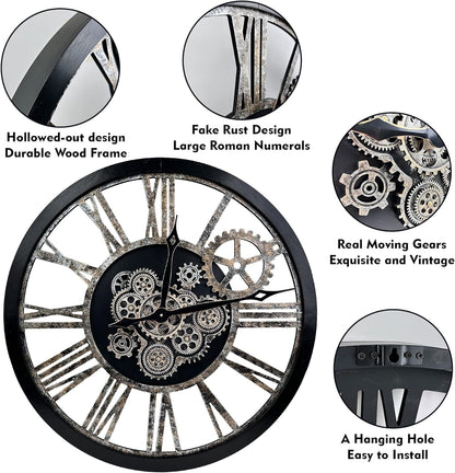 The B-Style 36" Large Moving Gear Wall Clock Oversized Vintage Farmhouse Wall Clocks for Living Room Decor Rustic Industrial Wood Clock (Black and Bronze)