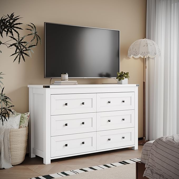Dresser for Bedroom with 6 Drawers, Farmhouse Wood Chest of Drawers, Wide TV Stand Closet Storage Furniture with Metal Handle, Modern Clothes Organizer for Hallway, Living Room, Entryway, White
