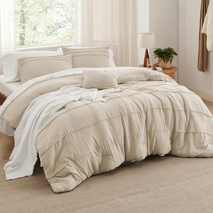 Bedsure California King Comforter Set - 4 Pieces Pinch Pleat Bed Set, Linen Boho Bedding for All Season, 1 Soft Comforter, 2 Pillowcases, 1 Decorative Pillow