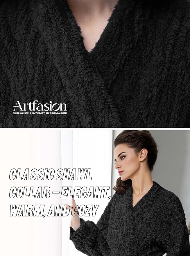Artfasion Womens Long Fleece Robe - Warm Soft Floor Length Flannel Bathrobes for Winter Thicker Long House Coat with Pockets
