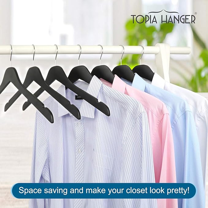 TOPIA HANGER Black Wooden Hangers 30 Pack, 0.28-inch Thick Slim Wood Clothes Hanger with Flat Design and Smooth Notches, Lightweight Space Saving Hangers for Shirt, Coat, Camisole-CT31B