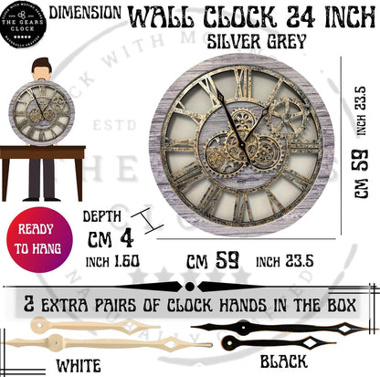 The Gears Clock The Original Real Moving Gear Wall Clock Vintage Industrial Oversized Rustic Farmhouse (24 inch (60cm),Silver Grey)