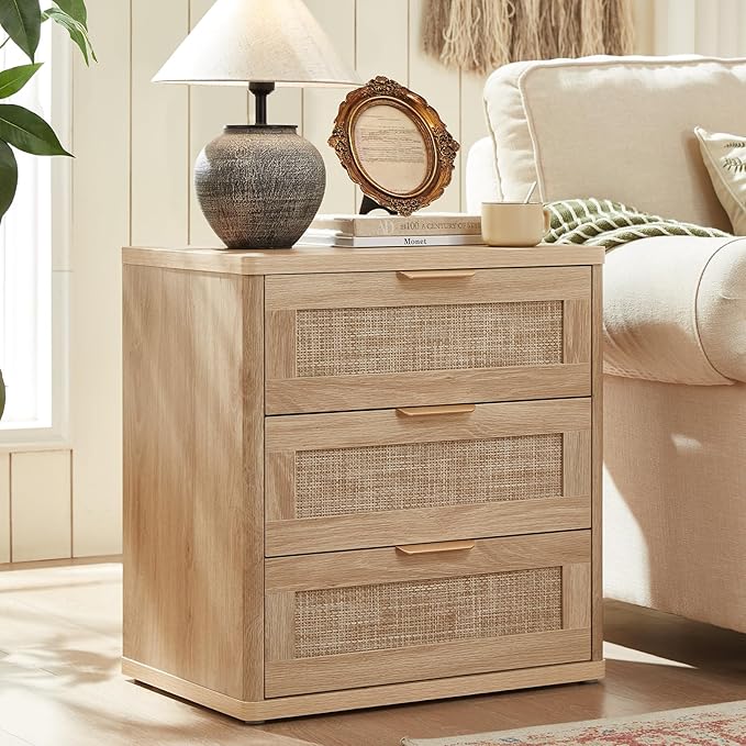LEYAOYAO Rattan Dresser and Nightstand Set of 2, Boho Wood Dresser for Bedroom with 6 Drawers and Night Stand with 3 Drawer, Bedroom Furniture, Dressers & Chests of Drawers, Living Room, Hallway