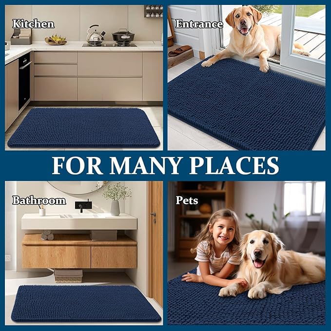 OLANLY Dog Door Mat for Muddy Paws 44x24, Absorbs Moisture and Dirt, Absorbent Non-Slip Washable Doormat, Quick Dry Chenille Mud Mat for Dogs, Entry Indoor Entryway Carpet for Inside Floor, Dark Blue