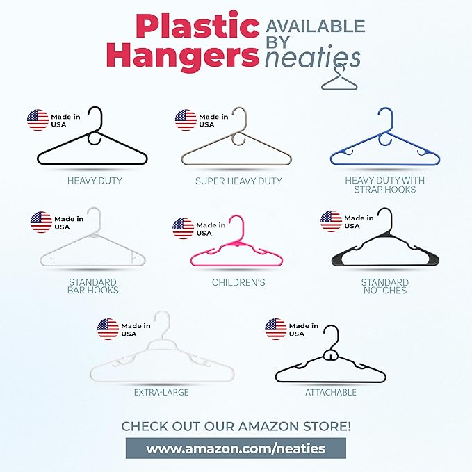 Neaties Plastic Hangers 15 Pack – Made in The USA – 6lb Capacity Standard Clothes Hangers with Strap Hooks for Dresses, Lingerie, Shirts, Pants, and Jackets – White