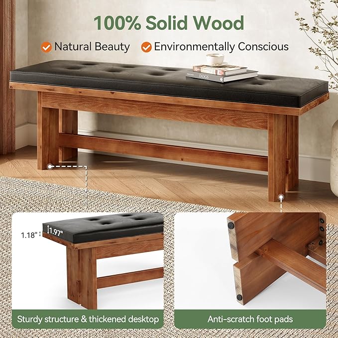 Solid Wood Bench with Cushion, 55" Upholstered Entryway Bench with Thickened Legs, Button-Tufted Shoe Bench Seat, Vintage Indoor End of Bed Bench for Bedroom, Living Dining Room, Hallway, Dark Walnut