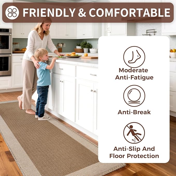 Anti Fatigue Kitchen Mats for Floor, Super Absorbent Kitchen Rugs Non Slip Washable, Soft Linen Braided Kitchen Runner Rug, Standing Mat Kitchen Sink Mat, Easy to Clean, Brown 17x30