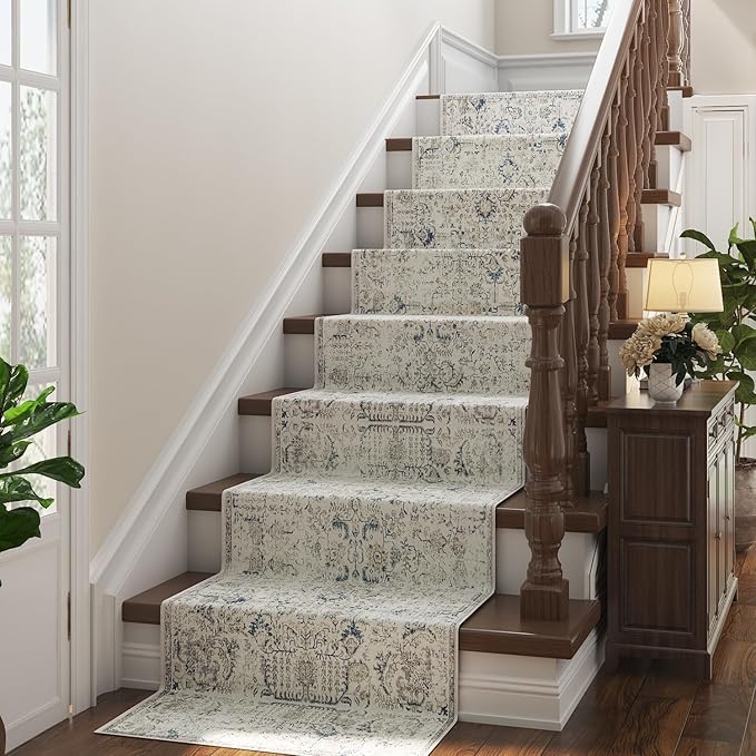 jinchan Kalen Runner Rug 2x10 Washable Hallway Rug Vintage Indoor Thin Retro Floor Cover Floral Country Lightweight Non Slip Carpet for Entryway Bathroom Kitchen Bedroom Living Room Stairway Blue