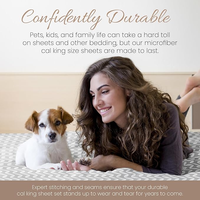 Linen Market Double-Brushed Patterned Microfiber California King Sheet Set 4 Piece – Oeko-TEX Certified Ultra Soft & Wrinkle-Free - 16" Deep Pocket Sheets Easy Care Cal-King Size - Chevron Light Gray