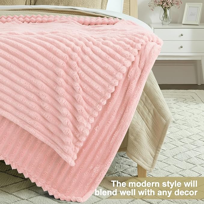 decorUhome Christmas Soft Fleece Pink Blanket Queen Size for Bed, Cozy Fluffy Plush Flannel Large Striped Throws for Couch Sofa, Lightweight Decorative Fuzzy Blanket for Woman, 90x90 Inches