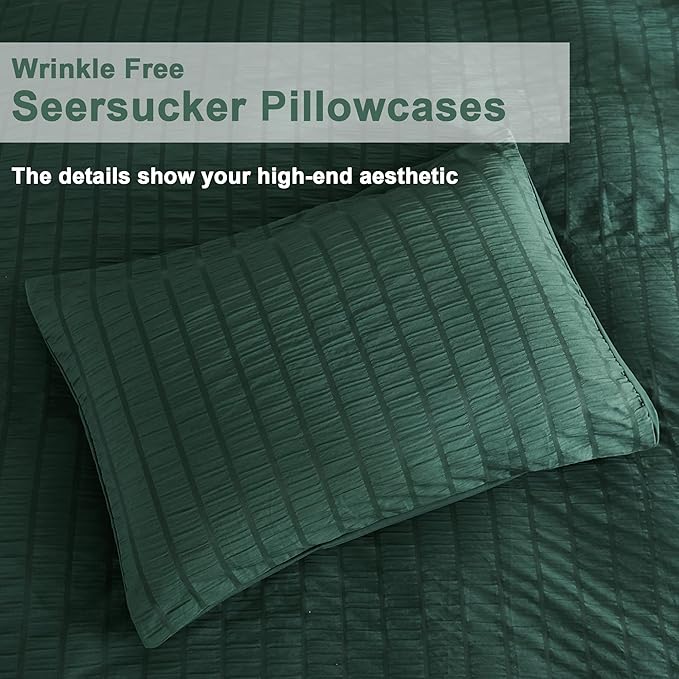 AveLom Dark Green Seersucker Duvet Cover Set Full Size (80 x 90 inches), 3 Pieces (1 Duvet Cover + 2 Pillow Cases), Ultra Soft Washed Microfiber, Textured Duvet Cover with Zipper Closure, Corner Ties