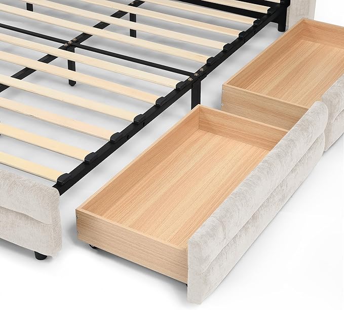 DEINPPA King Size Bed Frame with 4 Storage Drawers and Cloud Soft Headboard, Chenille Upholstered Grounded Wood Base Bed Frame, No Box Spring Needed-Beige