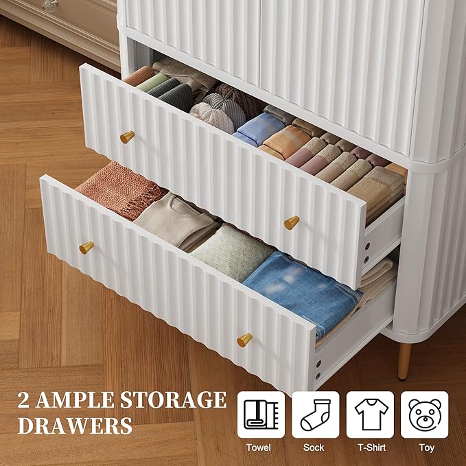 HLR 72" Modern Armoire Wardrobe Closet with Doors and Drawers, Bedroom Armoire Cabinet with Hanging Rod, Wooden Clothing Storage Cabinet Set of 2,White