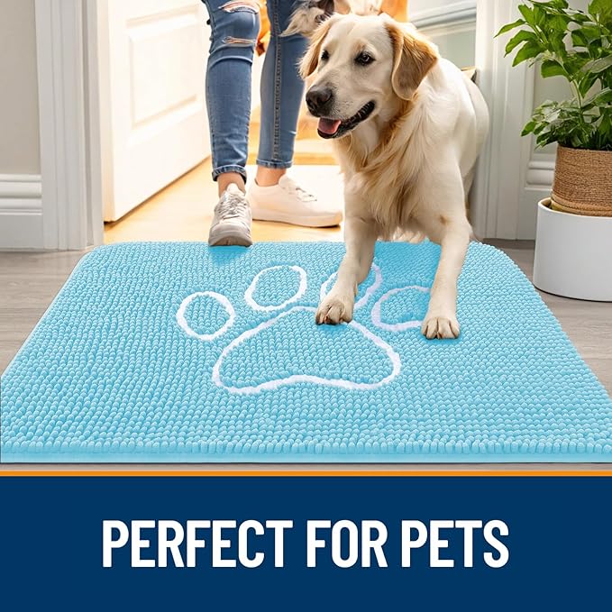 OLANLY Dog Door Mat for Muddy Paws 30x20, Paw Print Design, Absorbs Moisture and Dirt, Absorbent Non-Slip Washable Doormat, Quick Dry Chenille Mud Mat for Dogs, Entry Indoor Entryway Carpet, Blue