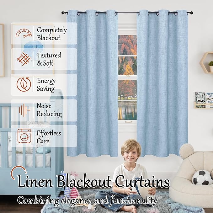 Baby Blue Linen Blackout Curtains for Nursery 63 Inch Length 2 Panels Set, Thermal Insulated Boho Total Black Out Noise Reducing Bonzer Grommets Window Curtains for Kids Bedroom, Each 38 Inch Wide