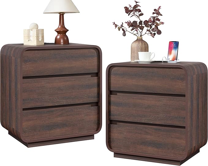 Modern Nightstand Set of 2, 23.2" Wide Wood Bedside Table with Charging Station, 3 Storage Drawers Side Table Curved Profile, Handleless, Large End Table Night Stand for Bedroom, Walnut ﻿