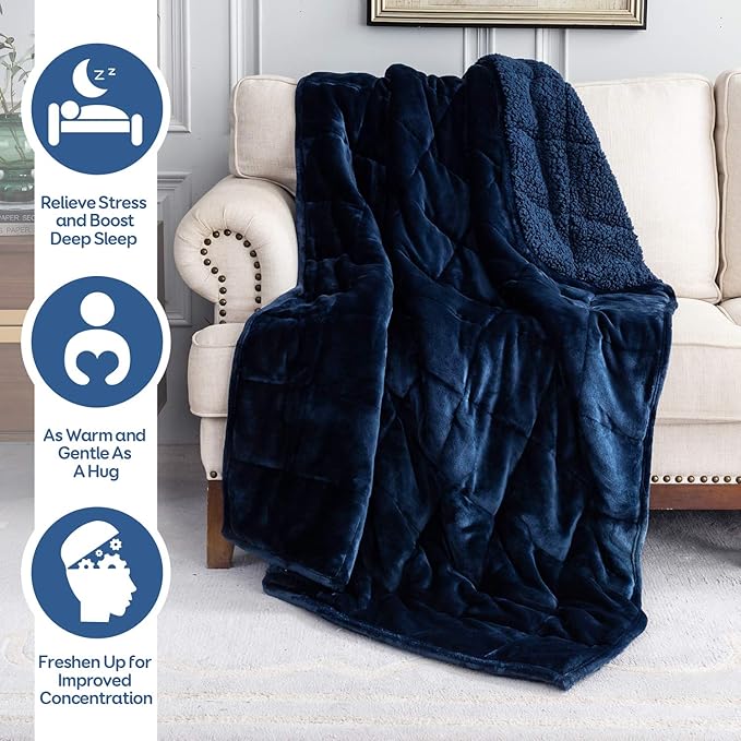 Cottonblue Sherpa Fleece Weighted Blanket 15 lbs for Adults, Warm Flannel Cozy Plush Bed Weighted Throw Blankets,Soft Fuzzy Winter Heavy Blankets Full Twin Size 48 x 72 inches for Sofa, Navy Blue
