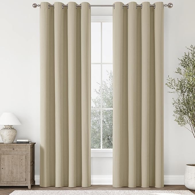 ChrisDowa 100% Blackout Tan Solid Curtains 84 Inches Long 2 Panels for Bedroom Living Room,Farmhouse Room Darkening Thermal Insulated Soundproof Grommet Top Window Treatment Drapes,52x84
