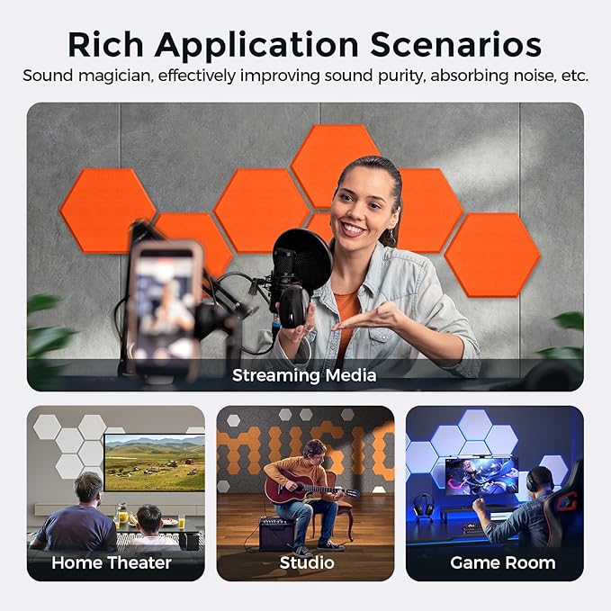 Self-Adhesive Acoustic Panels [390 lbs/yd³ Ultra-High Density], 2nd Generation Sound Absorbing Panel, Professional Level Sound Panel, Polyester Soundproof Foam [Size M, Orange]
