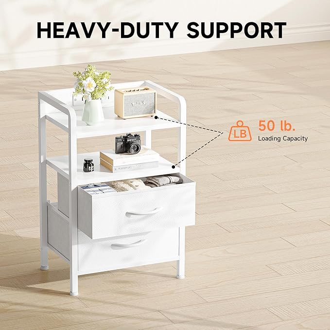 Night Stand Bedside Table Bedroom - White Nightstand with Charging Station & LED Light Strip, Morden Bed Side End Table with Storage Shelf & 2 Fabric Drawers, U-S-B Ports & AC Outlets