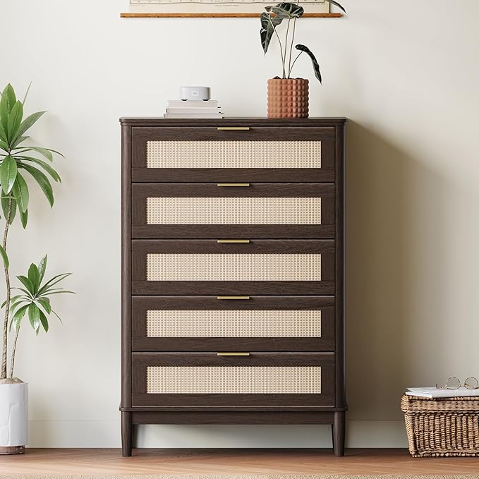 LINSY HOME Rattan Dresser for Bedroom with 5 Drawers, 46" Tall Chest of Drawers, Mid Century Modern Dresser TV Stand with Metal Handle, Wood Closet Storage Cabinet for Living Room, Hallway, Walnut