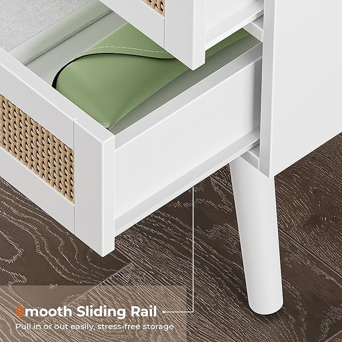 SUPERJARE 2 Drawer Night Stand with Charger Station, Boho Rattan Nightstand Set of 2, 25.2 Inch Tall Bed Side Table with Solid Wood Feet, End Table, Open Storage, Synthetic Rattan, for Dorm, White