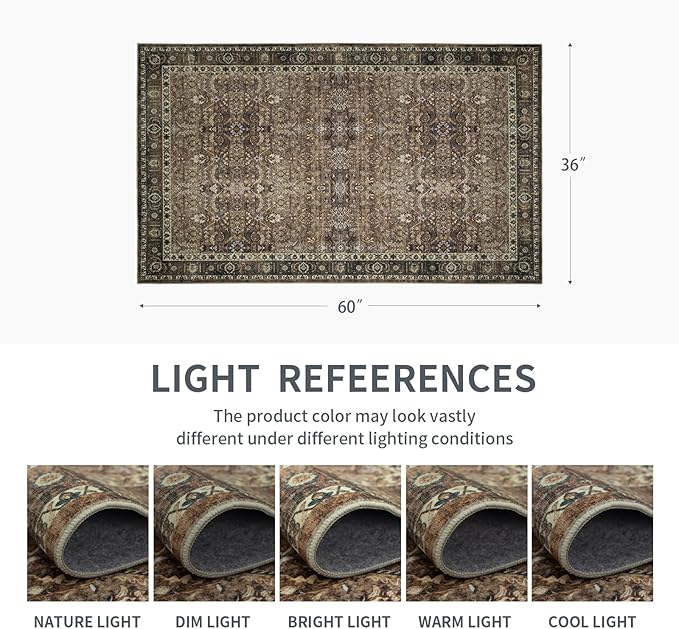 3x5 Vintage Washable Area Rug for Living Room,Low Pile Non Slip Carpet Non-Shedding Small Area Rug Soft Indoor Stain Resistant Rug Floral Print Mat for Bedroom Dining Room Brown Floral