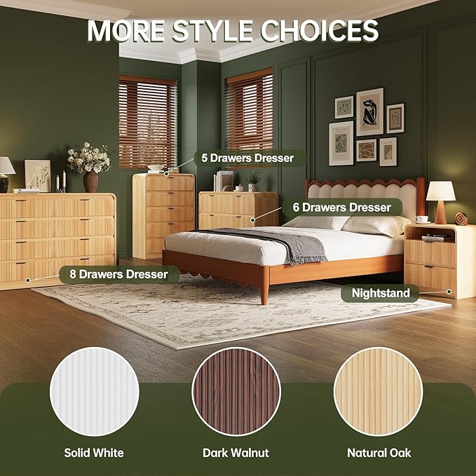 FURSUN Fluted 5 Drawers Dresser for Bedroom, 48" Tall Wooden Modern Dresser with Metal Handle, Curved Profile Design, Storage Organizer for Bedroom, Living Room, Hallway, Natural Oak