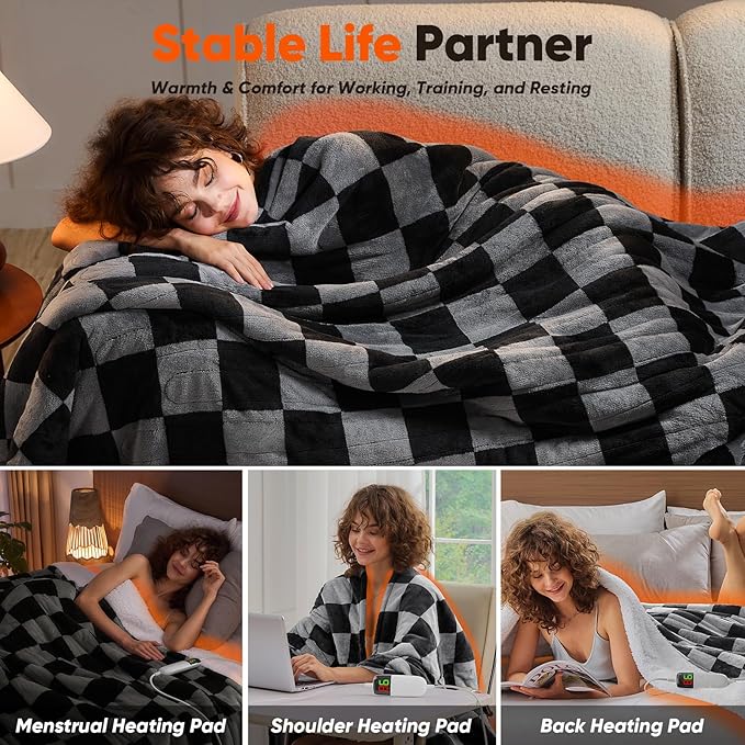 Heated Electric Blanketc Throw, 50X60 Heating Blanket with 10 Heat Level & 8 Hours Auto Off for Lap, Black Gray Checkered Plaid Soft Sherpa Blankets Warmer Gifts for Couch Grandma Women Adults