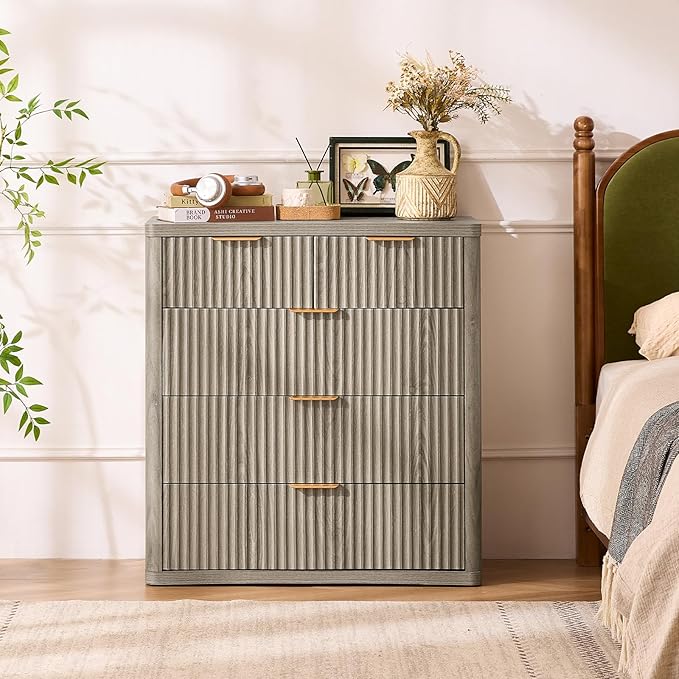 LEYAOYAO Fluted 5 Drawers Dresser for Bedroom, 34" Tall Modern Chest of Drawers with Metal Handle, Curved Profile Design,Grey Wood Drawer Organizer for Bedroom, Living Room, Hallway, Entryway