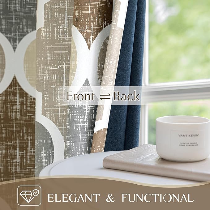 Beauoop 100% Blackout Curtains 90 Inches Long 2 Panels for Bedroom Living Room Brown Grey Moroccan Geo Room Darkening Thermal Insulated Soundproof Grommet Top Window Treatments Drapes, 50x90 Set of 2