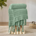 Boho Knitted Chenille Blanket with Tassels - Lightweight & Soft All-Season Throw - 3D Classic Pattern for Living Room Bedroom Couch, Sage Green, Twin 60"x80"