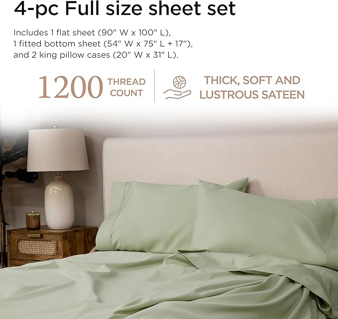 Threadmill Luxury Supima Cotton Sheets, Luxury 1200 Thread Count Soft 100% Cotton Sheets for Full Size Bed, 4 Pc Sage Green Bed Sheets Full Set, 5-Star Hotel Quality Deep Pocket Bed Sheets Set