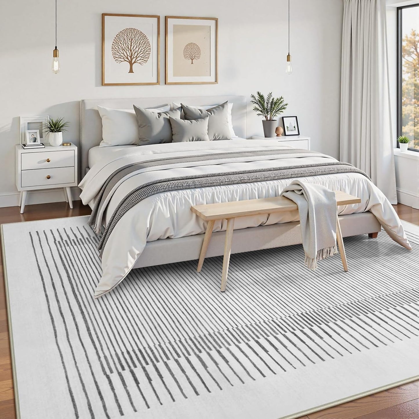 Wonnitar Washable Striped 8x10 Rugs for Living Room, Non-Slip Soft Grey Berber Stripe Bedroom Rug, Low Pile Minimalist Floor Carpet for Dining Room Living Room Office Department (Grey, 8' x 10')