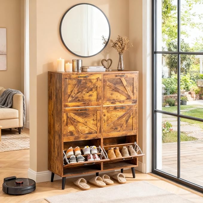 VINGLI 6 Flip Drawer Shoe Cabinet for Entryway, Rustic Brown Shoe Storage Cabinet with 5 Solid Wood Legs, Farmhouse Barn Door Design Tall Shoe Organizer for Hallway, Bedroom, or Living Room