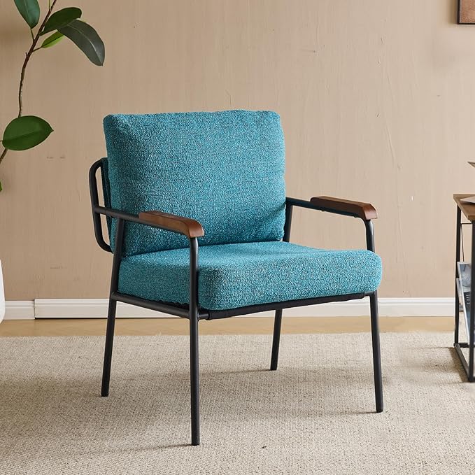 VINGLI Mid-Century Modern Accent Armchiar for Small Space, Small Comfy Upholstered Leisure Reading Chair with Wood Armrest for Bedroom, Living Room, Waiting Room, Linen Teal