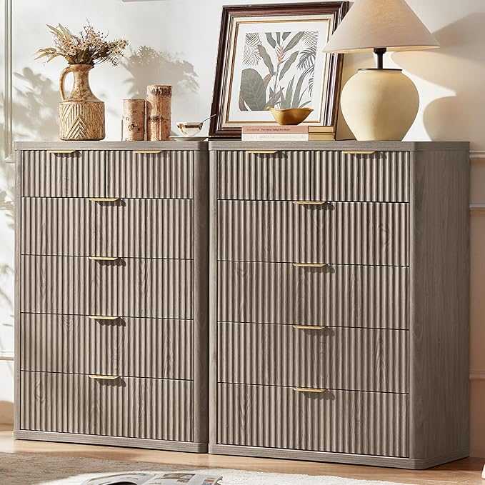 LEYAOYAO Fluted 6 Drawers Dresser for Bedroom Set of 2, 42" Tall Modern Chest of Drawers with Metal Handle, Curved Profile Design,Grey Wood Drawer Organizer for Bedroom, Living Room, Hallway