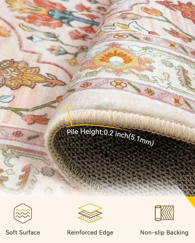 Area Rugs 2'x3' Washable Non-Slip, Floral Vintage Distress Print Pattern Medallion Carpet for Living Room Bedroom Dining Room, Light Pink Colorful