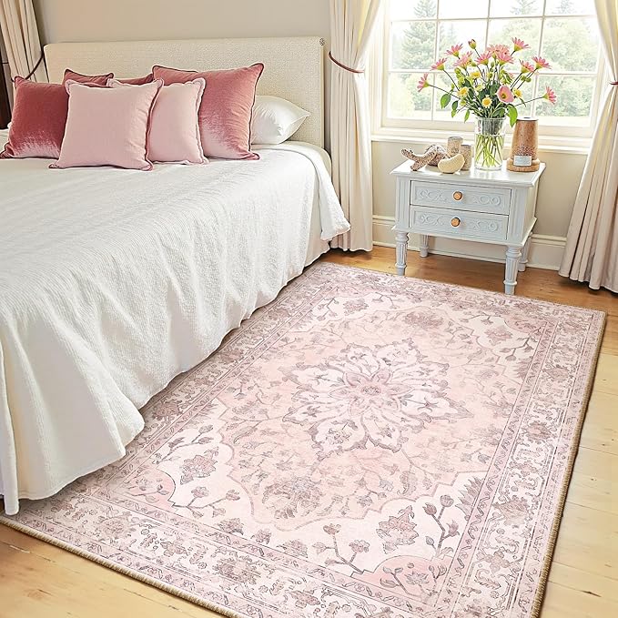 Area Rugs 4'x6' Washable Non-Slip, Floral Vintage Distress Print Pattern Medallion Carpet for Living Room Bedroom Dining Room, Pink Greypink Cute