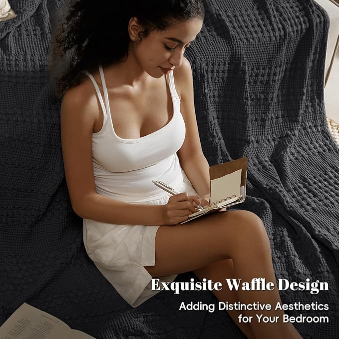 PHF 100% Cotton Waffle Weave Blanket King Size for Bed, Soft Lightweight & Breathable, All-Season Comfort, Luxury Aesthetic Woven Bedding for Home Decor, 108"x90", Black