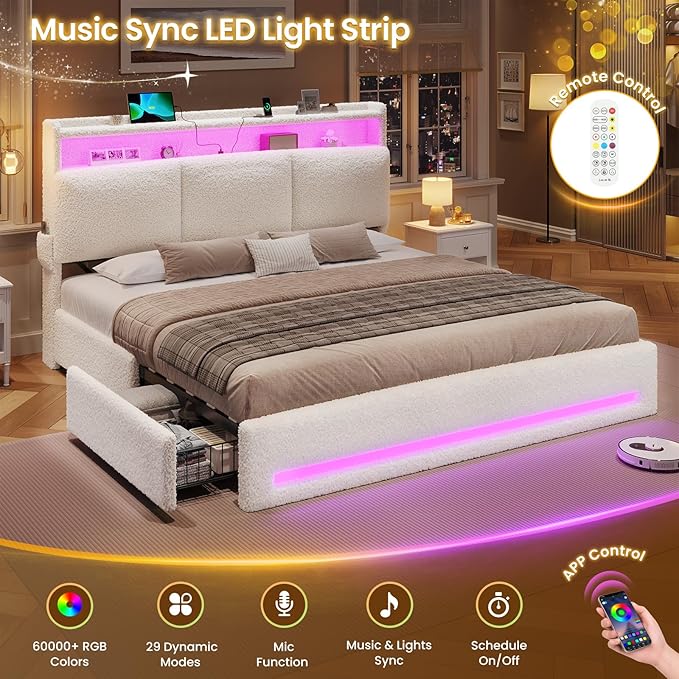 VIAGDO King Bed Frame with Storage Headboard and Charging Station, Boucle Upholstered Bed Frame King Size with 4 Drawers and LED Lights, Type C and USB, No Box Spring Needed, Cream White