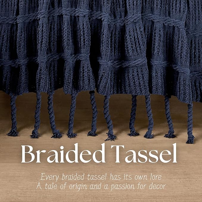 Boho Knitted Chenille Blanket with Tassels - Lightweight & Soft All-Season Throw - 3D Classic Pattern for Living Room Bedroom Couch, Royal Blue, King 90"x108"