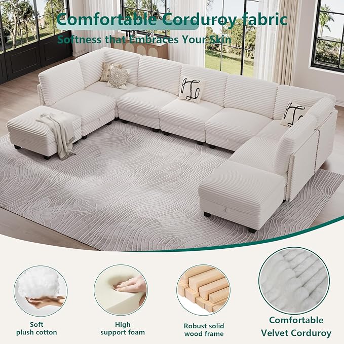 Modular Sectional Sofa with Adjustable Backrest, Large Convertible L/U-Shaped Sleeper Couch for Living Room, Cloud Sofa Bed Modern Reversible Design, White