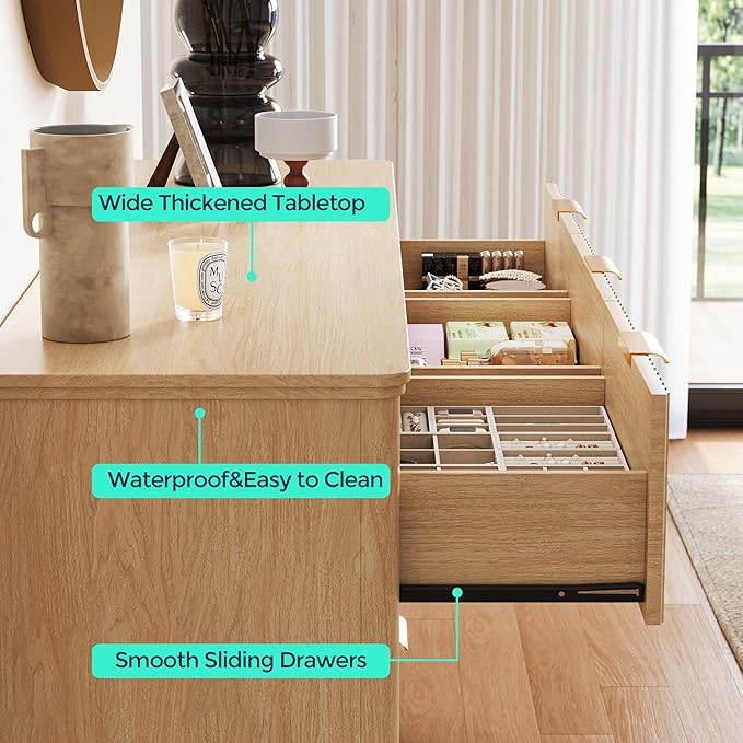 LINSY Fluted Dresser for Bedroom with 9 Drawers, Mid Century Modern Chest of Drawers with Gold Metal Handles, Wide Boho Wood Dressers, Large Farmhouse Storage Cabinet for Bedroom, Living Room, Oak
