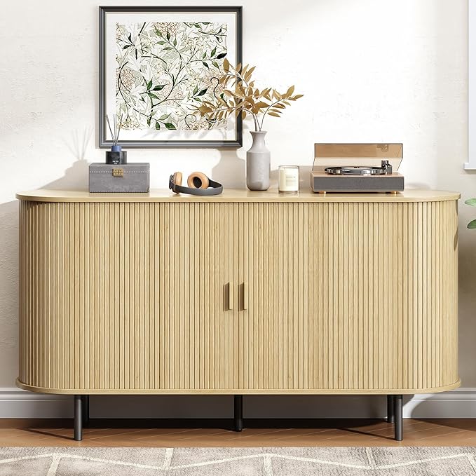 Buffet Cabinet with Storage, Fluted Sideboard Buffet with Sliding Door, Coffee Bar Cabinet with Adjustable Shelf, Console Table, Accent Table for Entryway, Kitchen (Oak, 55 Inch)