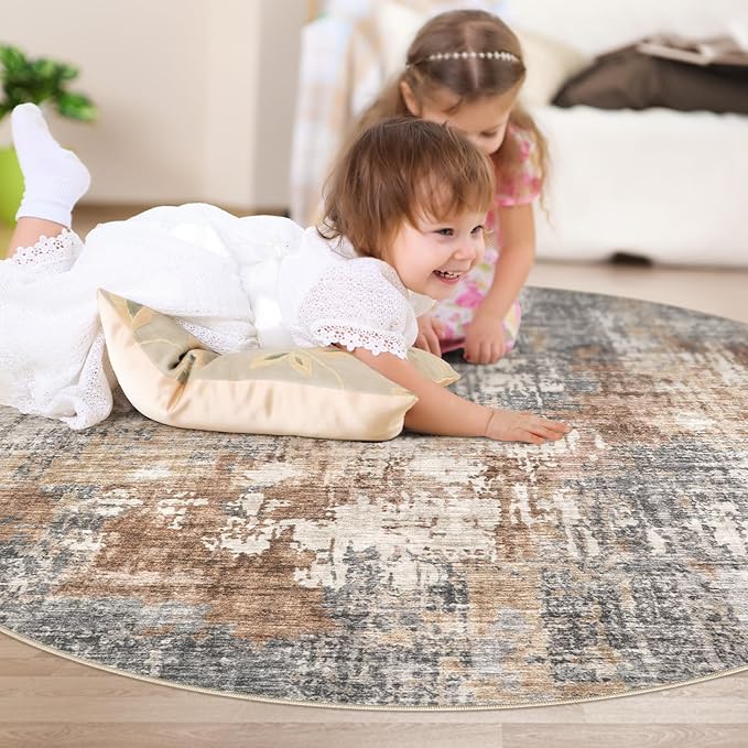6ft Round Area Rug Living Room Rugs - 6x6 Washable Large Soft Indoor Neutral Modern Abstract Low Pile Rug Carpet for Bedroom Dining Room Farmhouse Home Office - Grey Brown