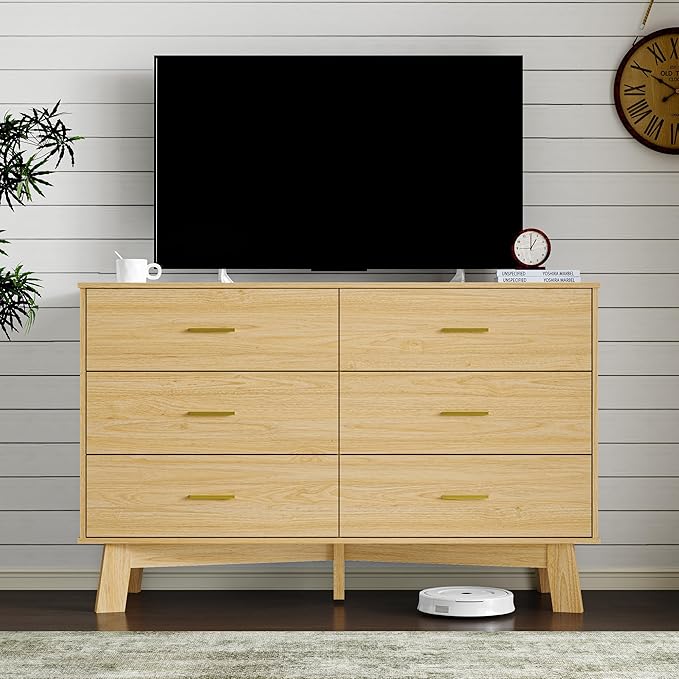 Dresser for Bedroom with 6-Drawer, 47.2" Modern Chest of Drawers with Metal Handles, X-Shape Base & Adjustable Center Leg, Anti-Tip Closet Organizers and Storage