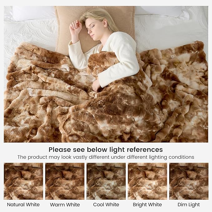 Cozy Bliss Faux Fur Throw Blanket for Couch, Fuzzy Soft Plush Thick Striped Blanket for Sofa Bedroom Living Room, 60 * 80 Inches Tie-dye Brown